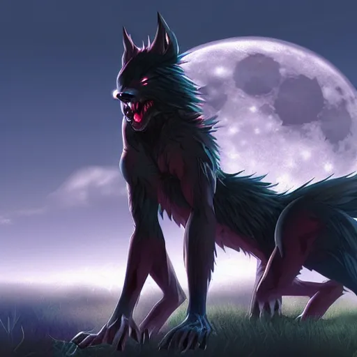 Image similar to anime! werewolf, full moon in the background, cgsociety, award - winning digital art