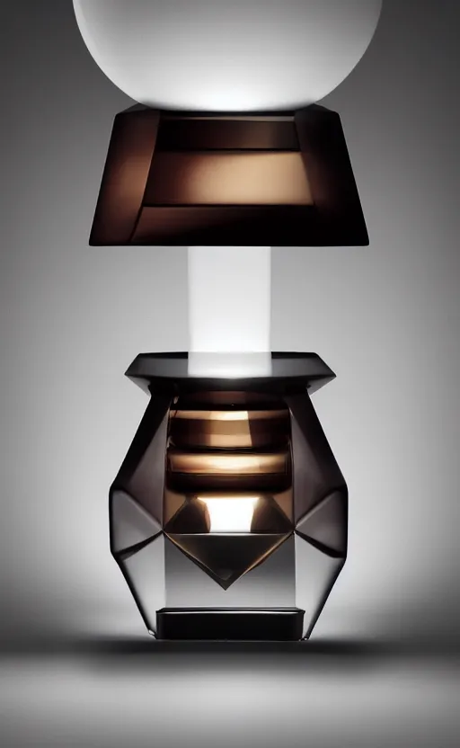 Image similar to a table lamp designed by armani in the shape of perfume, advertising photography, color gradient background