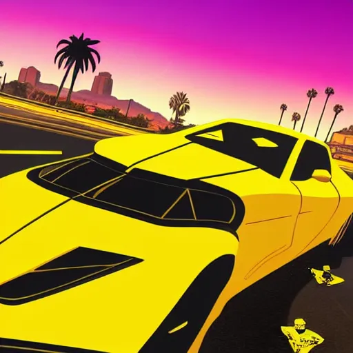 Prompt: yellow ranger in gta v cover art los santos in background, palm trees in the art style of stephen bliss, 4 k