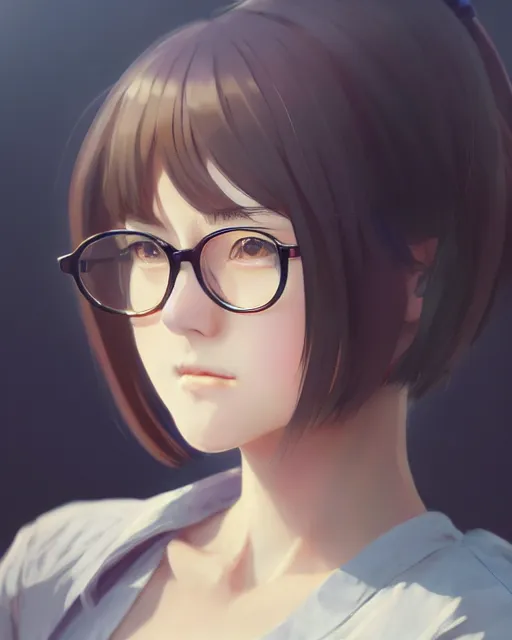 Prompt: kyoto animation, woman with round glasses, beautiful, detailed portrait, cell shaded, 4 k, concept art, by wlop, ilya kuvshinov, artgerm, krenz cushart, greg rutkowski, pixiv. cinematic dramatic atmosphere, sharp focus, volumetric lighting, cinematic lighting, studio quality