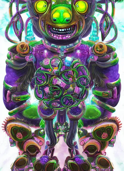 Image similar to a detailed digital art of a celtic knot oni demon koala mecha extraterrestrial wearing a raver outfit by lisa frank and cicely mary barker, taiyo matsumoto, myst, beeple, cgsociety, crisp, low angle shot