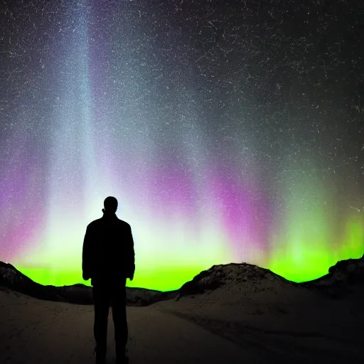 Image similar to 4K Epic Ultra HD detailed award-winning wallpaper silhouette of lonely man holding a flashlight looking at huge vast sky universe Milky Way aurora