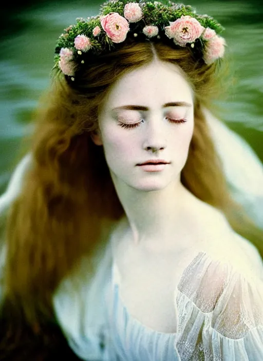 Image similar to Kodak Portra 400, 8K, soft light, volumetric lighting, highly detailed, britt marling style 3/4, Close-up portrait photography of a beautiful woman how pre-Raphaelites a woman with her eyes closed is surrounded by water, she has a beautiful lace dress and hair are intricate with highly detailed realistic beautiful flowers , Realistic, Refined, Highly Detailed, natural outdoor soft pastel lighting colors scheme, outdoor fine art photography, Hyper realistic, photo realistic