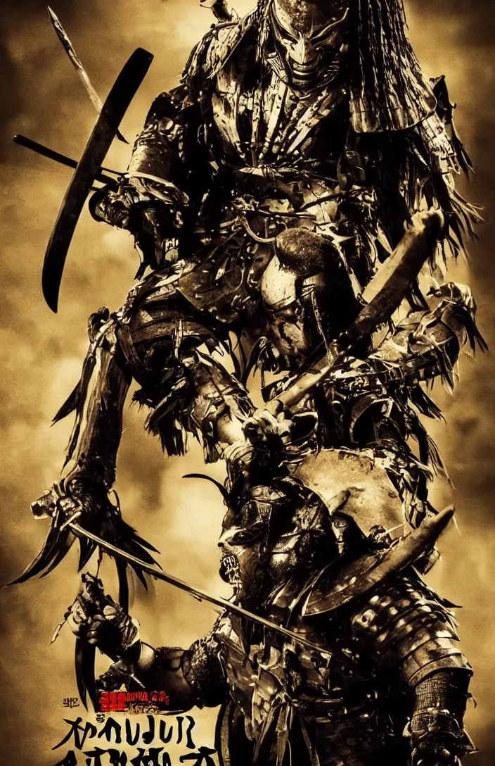 Prompt: movie film poster art for samurai vs predator film shot in feudal japan staring hiroyuki sanada as a disgraced ronin who hunts down the predator after he fails to protect his master from it. in the style of ansel adams, frank frazzetta, warcraft