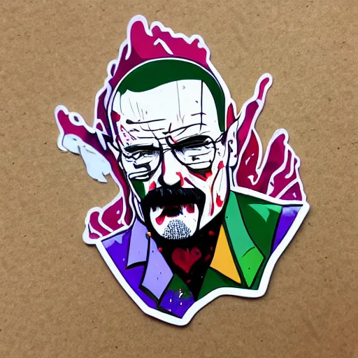 Image similar to die cut sticker, walter white wearing the joker outfit, splatter paint