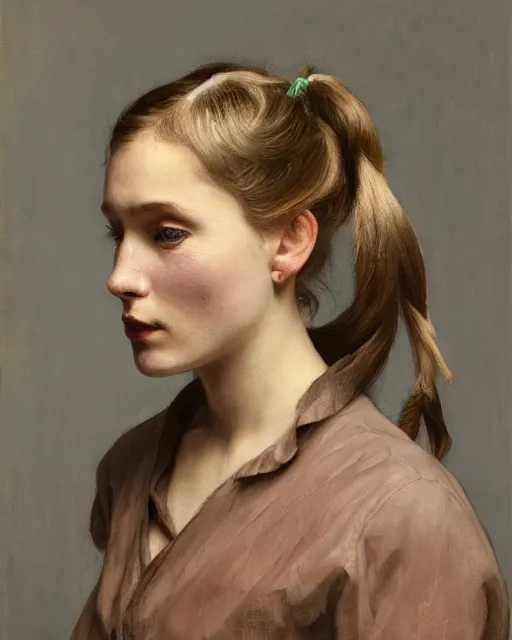 Prompt: portrait of a russian girl, medium closeup, pigtails, cinematic light, dark background, sideview, looking down, wrinkled cotton shirt, by serge marshennikov, jeremy lipking, alphonse mucha