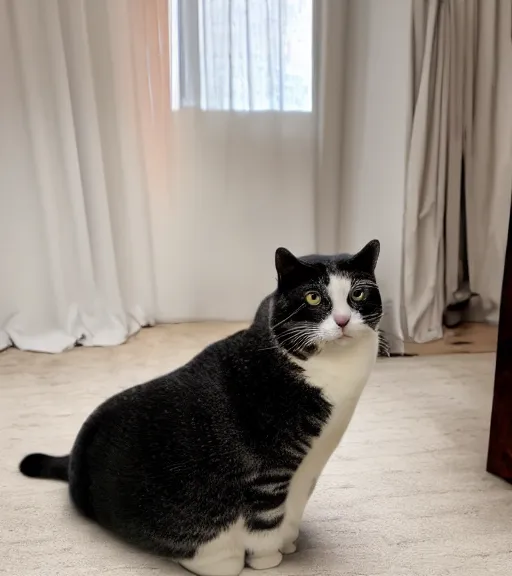 Image similar to a huge Chonker Cat sitting indoors, oh lawd he coming, professional photo, full body view, beautiful cat feet, ((((((((((((seal like figure)))))))))))), XF IQ4, 150MP, 50mm, F1.4, ISO 200, 1/160s, natural light