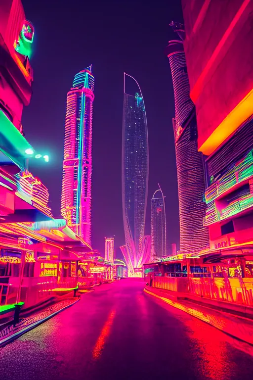 Image similar to neon streets of dubai, 4 k, award winning photo, cyberpunk style