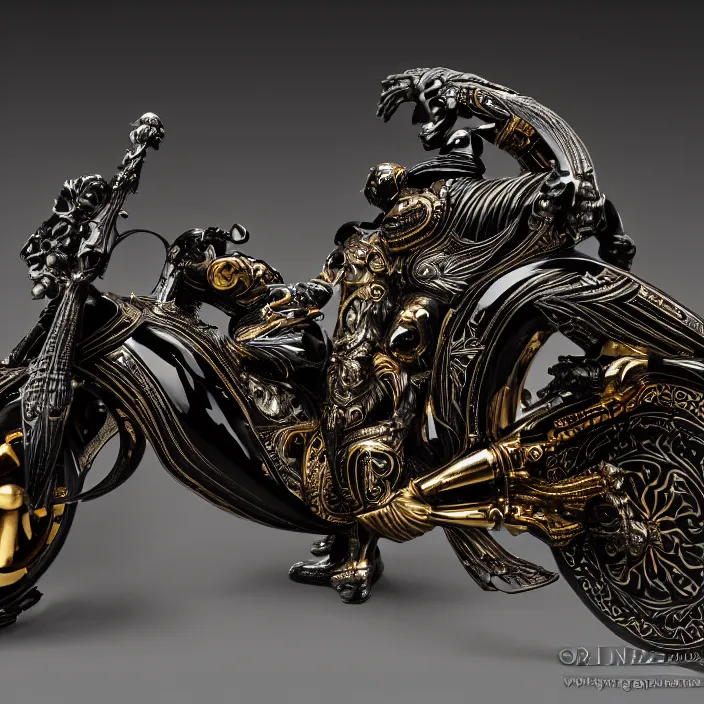 Image similar to fine art statue of masculine black egyptian god on a surrealist motorcycle, ebony art deco, carved black marble, inlaid with ebony and gold accents, ebony rococo, wings black lace wear, by spider zero, zaha hadid, beautifully lit, hyper detailed, intricate, elite, ornate, photorealistic, micro details, ray trace