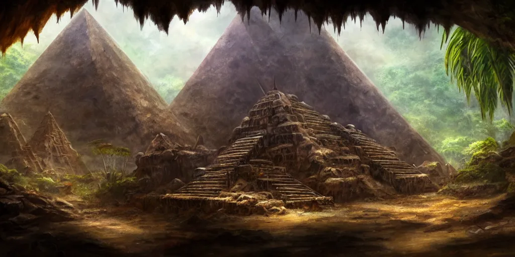 Prompt: a lone chrome pyramid sits inside a rusted cave mouth in the jungle, matte oil painting, merchant tents, ancient world, canyons, science fantasy, rpg, epic, extremely detailed, sharp focus, 4 k