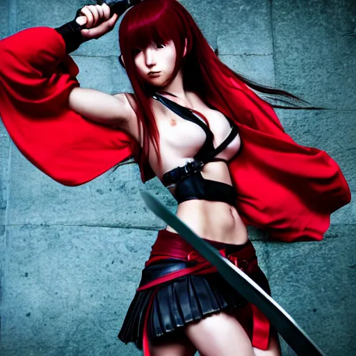 Prompt: dslr, beautiful erza scarlet wearing a skirt and fighting with a katana against ryu hayabusa from ninja gaiden, portrait photo, real photo, real camera, extreme detailed face and body, high quality, moody lighting, fast paced lines, sharp quality, enchanting, 8 k
