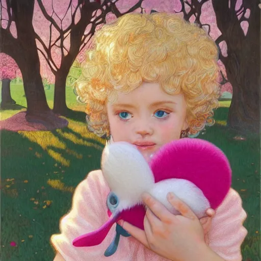 Image similar to a beautiful little blonde toddler girl with short curly hair at the park on a beautiful day in the shade, holding a round all-pink stuffed penguin, by Dan Mumford, Junji Murakami, Mucha Klimt, Hiroshi Yoshida and Craig Mullins, featured on Artstation, CGSociety, Behance HD, Deviantart