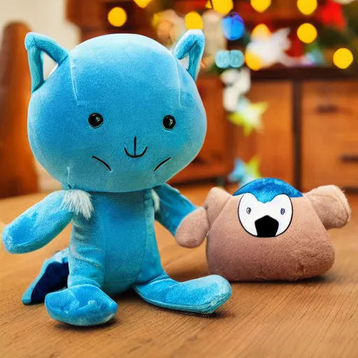 Prompt: blue snappy gifts mascot from snappy. com as plush doll in magical forest, gifts, dark atmosphere, high detail, soft lighting, 8 k