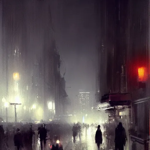 Prompt: City lights at night with a lot of people walking, street lights, cars, digital art trending on artstation by Jeremy Mann