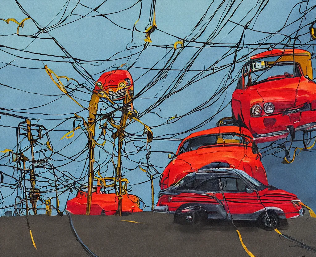 Image similar to a surreal painting of a frightened car being menaced by high - tension wires, saturated color scheme
