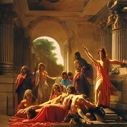 Image similar to Homeric mesmerizing inner sanctum of the most alluring venerable and beautiful truth, in the style of Jeff Easley, Jacques-Louis David, Ken Kelly, Élisabeth Vigée Le Brun, dramatic lighting, establishing shot, detailed and beautiful aesthetic faces, 8k resolution – W 1024