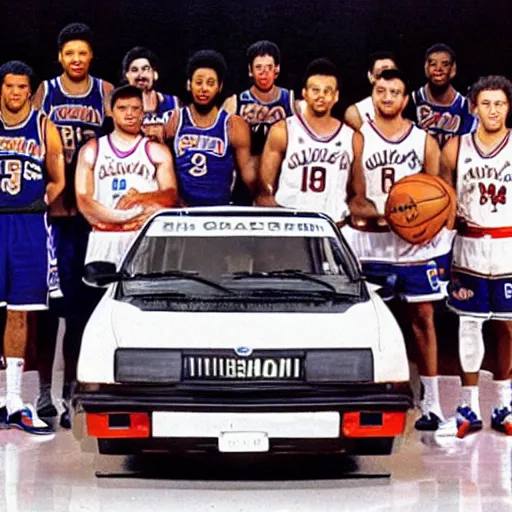 Image similar to an entire nba team crammed into a small geo metro