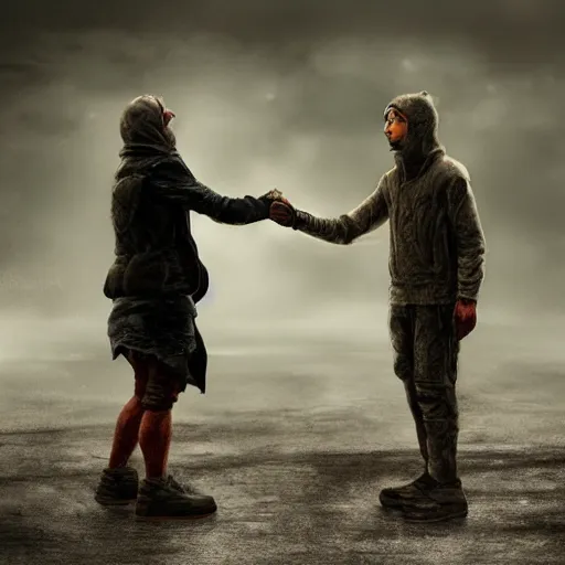 Prompt: moistcritical offering a handshake towards the camera, cinematic, gloomy background, realistic, digital art, character art, 8 k