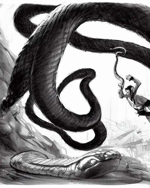 Image similar to a man fighting a giant snake, sketch by glen keane, black and white illustration by glen keane, concept art, artstation, disney 1 9 9 0