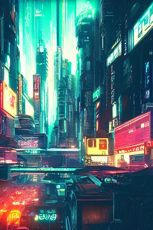 Prompt: cyberpunk city with a flight vehicle glowing in the sky, neon sign, cinematic composition, wide shot, bladerunner, digital illustration, concept art