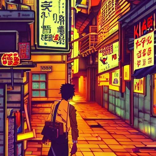 Prompt: salary man in small alley in golden gai, vaporwave nostalgia, commodore 6 4, visual novel cg, 8 0 s anime vibe, kimagure orange road, maison ikkoku, trending on artstation
