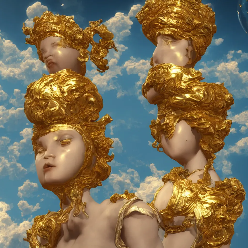 Prompt: saint Woman, Venus, Athena, beautiful, gracious, baroque marble and gold in space, sistina, stars, puffy clouds tilt shift, 3d style light refraction, light reflection, real texture effect, extremely detailed, avantgarde, render, artstation
