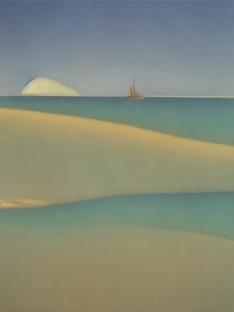 Image similar to a neo retro poster a boat near dune du Pilat, australian tonalism, pale gradients design, matte drawing, clean and simple design, outrun color palette. painted by Morandi, Agnes Pelton