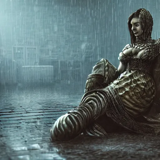 Prompt: Elana, the Squalid Queen boss from dark souls 2 sitting near a dead man, evening time, heavy rain, rain water reflections in ground, digital illustration, crisp details, highly detailed art, 8k image quality, full body camera shot