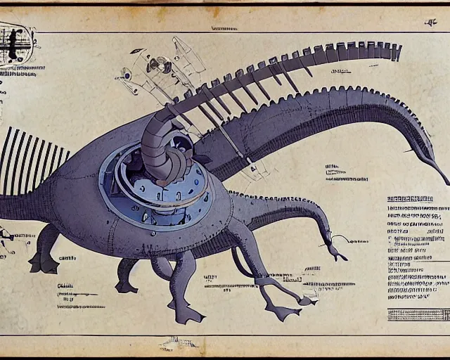 Image similar to a full page of a mechanical blueprint showing a cutaway design for a mechanized brontosaurus from howl's moving castle ( 2 0 0 4 ), with a big head, muted colors, post grunge, studio ghibli, hq,