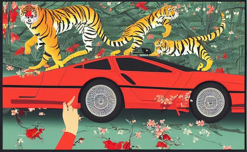 Image similar to a red delorean with a yellow tiger, art by hsiao - ron cheng and utagawa kunisada in a magazine collage, # de 9 5 f 0