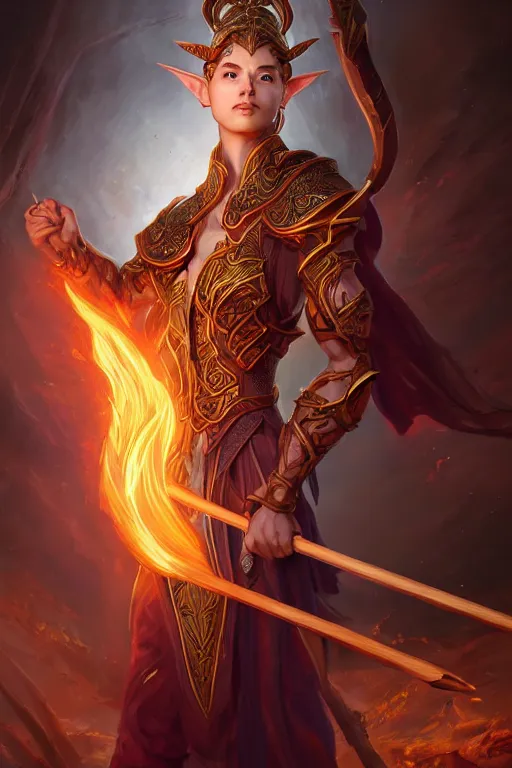 Image similar to a masterpiece portrait of nezha, young elf prince holding spear, flame everywhere, epic pose, fantasy character portrait, closeup shot, hyper detailed, digital painting, 8 k realistic, trending on artstation, sharp focus, dof, by fenghua zhong, artgerm, ne zha from smite, jeff easley, raymond swanland