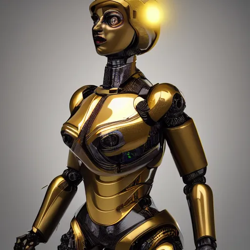 Prompt: octane render, a complex high poly cinematic 3 d model of a giant robotic android woman made out of porcelain with golden grout, jewel tone glowing eyes, fiber optic hair, inside a black rococo palace, 8 k, unreal enging, cinema 4 d, cinematic angle