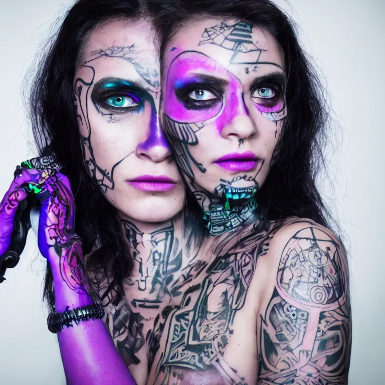 Image similar to a cyberpunk beautiful woman with tribal glowing tatoos on the face and purple eyes, photography, canon eos c 3 0 0 mark iii, ƒ 3, 2 0 mm