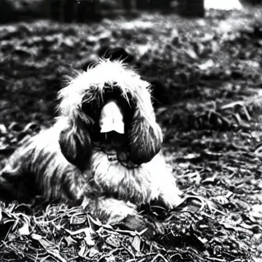 Image similar to black dog, fluffy ears, plastic trench, 1 9 4 0 war photography