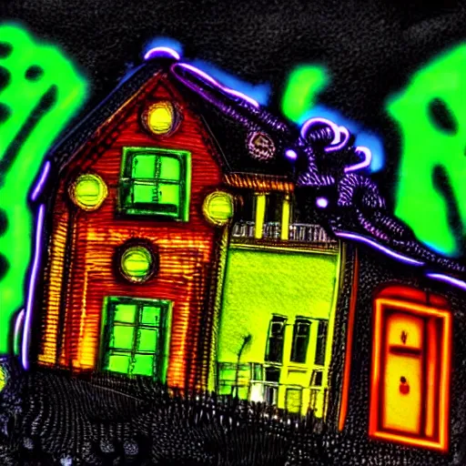 Image similar to a house made of liquid, neon, intricate details, black backround