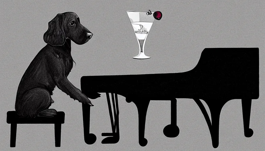 Image similar to sprocker Spaniel , sat down playing a piano.modern. Martini on the side, detailed illustration. Artwork. B&W