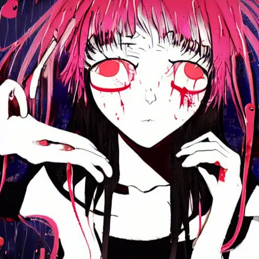 Prompt: bloodied anime girl loses headphones, noise rock album cover