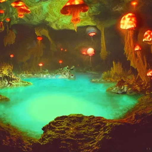 Prompt: a beautiful, highly detailed and realistic bioluminescent pool in a dark cave full of glowing mushrooms, fifty tiny faeries fly around, atmospheric fog, masterpiece, stunning, panavison