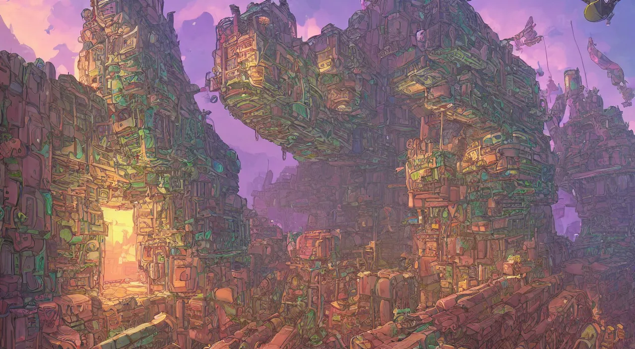 Image similar to open door wood wall fortress airship greeble block amazon jungle on portal unknow world ambiant fornite colorful that looks like it is from borderlands and by feng zhu and loish and laurie greasley, victo ngai, andreas rocha, john harris