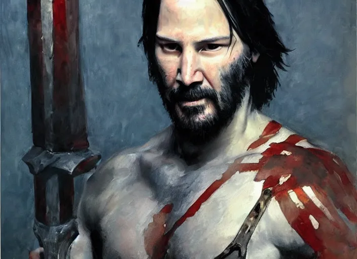 Image similar to a highly detailed beautiful portrait of keanu reeves as kratos, by gregory manchess, james gurney, james jean