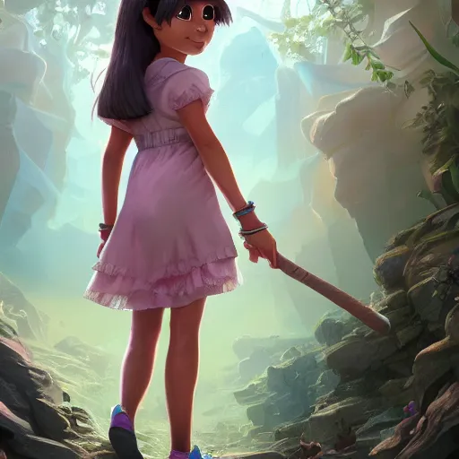 Image similar to A full-length portrait of a beautiful and elegant dora the explorer， full of details, matte painting, concept art, smooth, by Kittichai Rueangchaichan and wlop ，trending on cgsociety and artstation，8kHDR，light effect