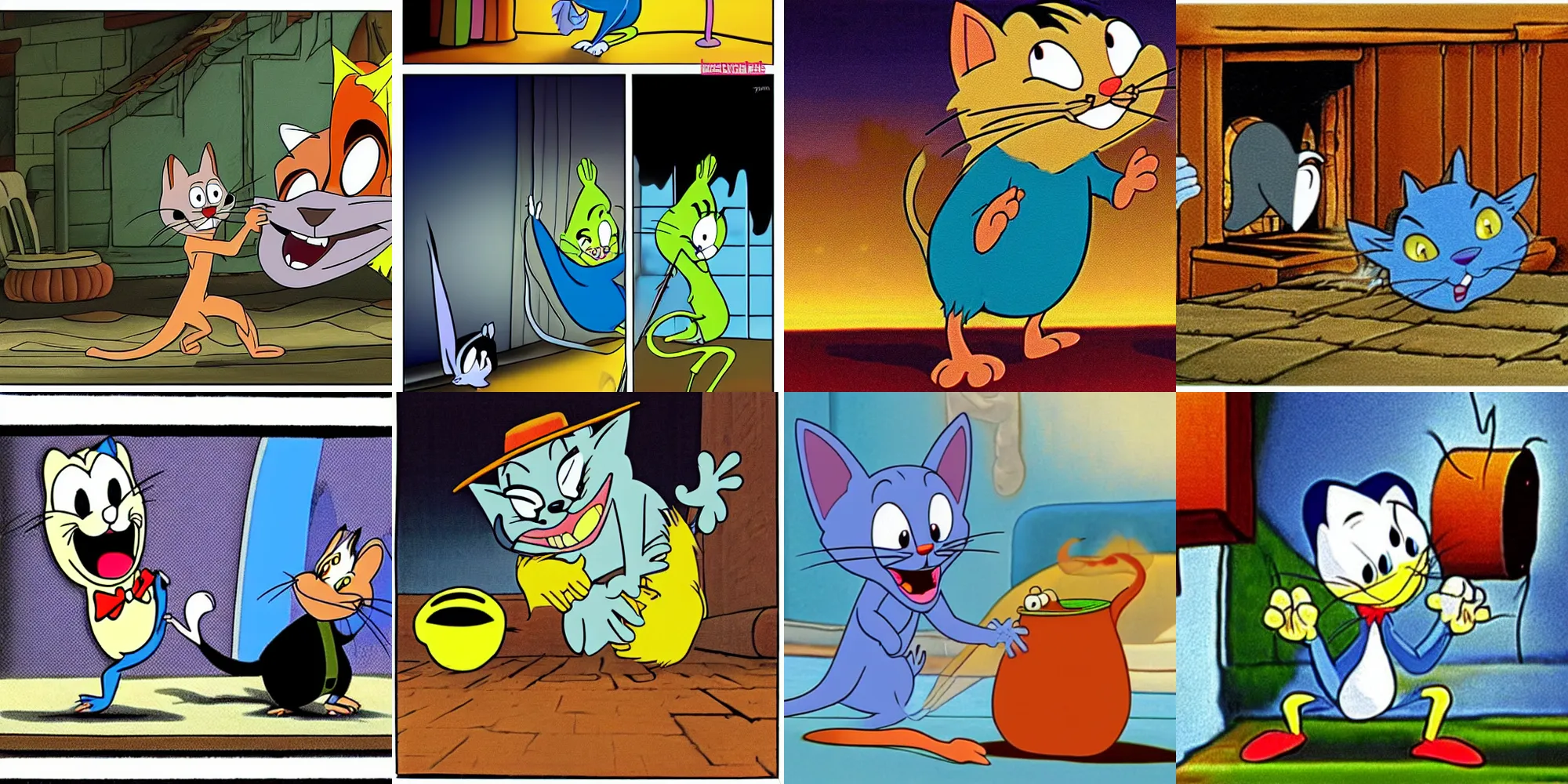 Prompt: tom finally catching jerry, animated, malicious intent, cartoon