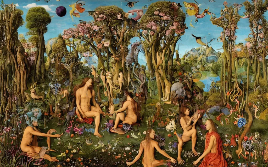 Image similar to a photograph of a meditating centaur shaman and a mermaid druid feeding animals. surrounded by bulbous flowers, animals and a few trees. river delta with mountains and cliffs under a blue sky full of burning stars and birds. painted by jan van eyck, max ernst, ernst haeckel, ernst fuchs and artgerm. trending on artstation