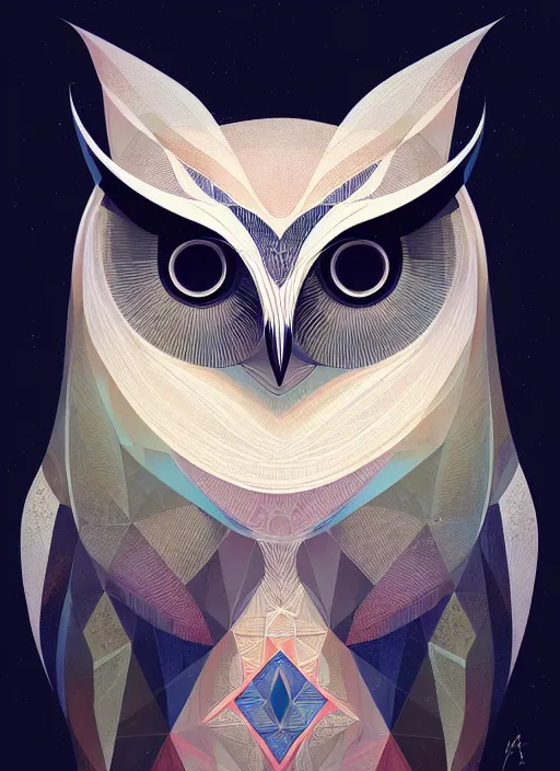 Image similar to portrait of a geometric owl, identical eyes, medium shot, illustration, full body made of white feathers, symmetrical, art stand, super detailed, cinematic lighting, and its detailed and intricate, gorgeous, by peter mohrbacher