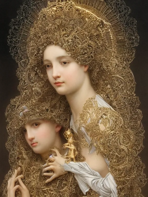 Image similar to a beautiful render of two baroque catholic veiled queen with symmetry intricate detailed heart,sculpture,pray,love,by Maria Mirage,Lawrence Alma-Tadema,peter gric,aaron horkey,Billelis,trending on pinterest,hyperreal,gold,silver,ivory,maximalist,glittering,golden ratio,cinematic lighting