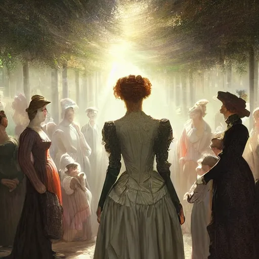 Prompt: portrait of a victorian lady within a crowd of people in a futuristic city, from behind, streets, angels in the sky, sunlight and rays of light shining through trees, beautiful, solarpunk!!!, highly detailed, digital painting