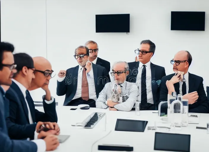 Image similar to photo of well dressed cats in spectacles at a management board meeting. Highly detailed 8k. Intricate. Sony a7r iv 55mm. Stock photo.