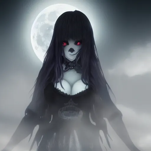 Image similar to full shot portrait of angry darkness anime girl hidden under a bed at moonlight, gothic wearing, worrying eyes, inspired by Tim Burton, detailed, unreal engine 4k volumetric light, dense fog,