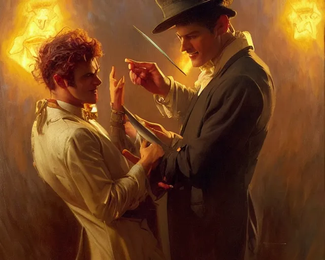 Prompt: attractive magician man, casting dark magic, summoning handsome devil. highly detailed painting by gaston bussiere, craig mullins, j. c. leyendecker 8 k