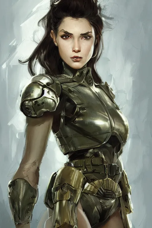 Image similar to a professionally painted portrait of an attractive young woman, clothed in military armor, olive skin, long dark hair, beautiful bone structure, symmetrical facial features, intricate, elegant, digital painting, trending on Artstation, concept art, smooth, sharp focus, illustration, from Metal Gear by Ruan Jia and Mandy Jurgens and Artgerm and William-Adolphe Bouguerea, award winning